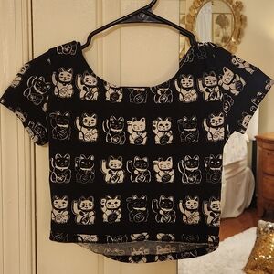 Lucky Cat Black Crop Top